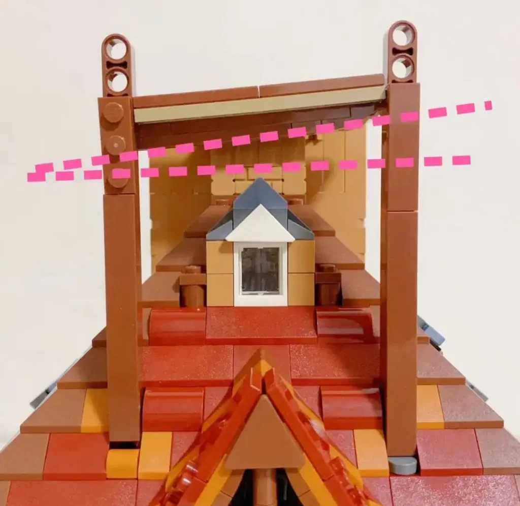 LEGO 76437 The Burrow – Collector’s Edition Top Room Slanted Design (the pink dashed line in the image indicates the slanted angle)