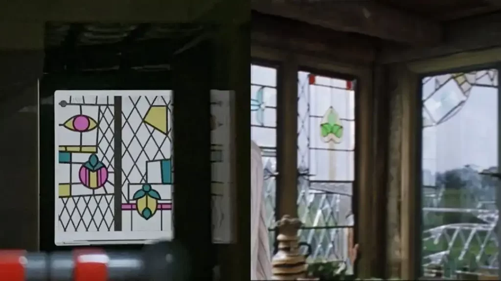 LEGO 76437 The Burrow – Collector’s Edition Window Print Design (Left) Compared to the Window Decals in Harry Potter and the Chamber of Secrets, with LEGO modifying the colors in the set.