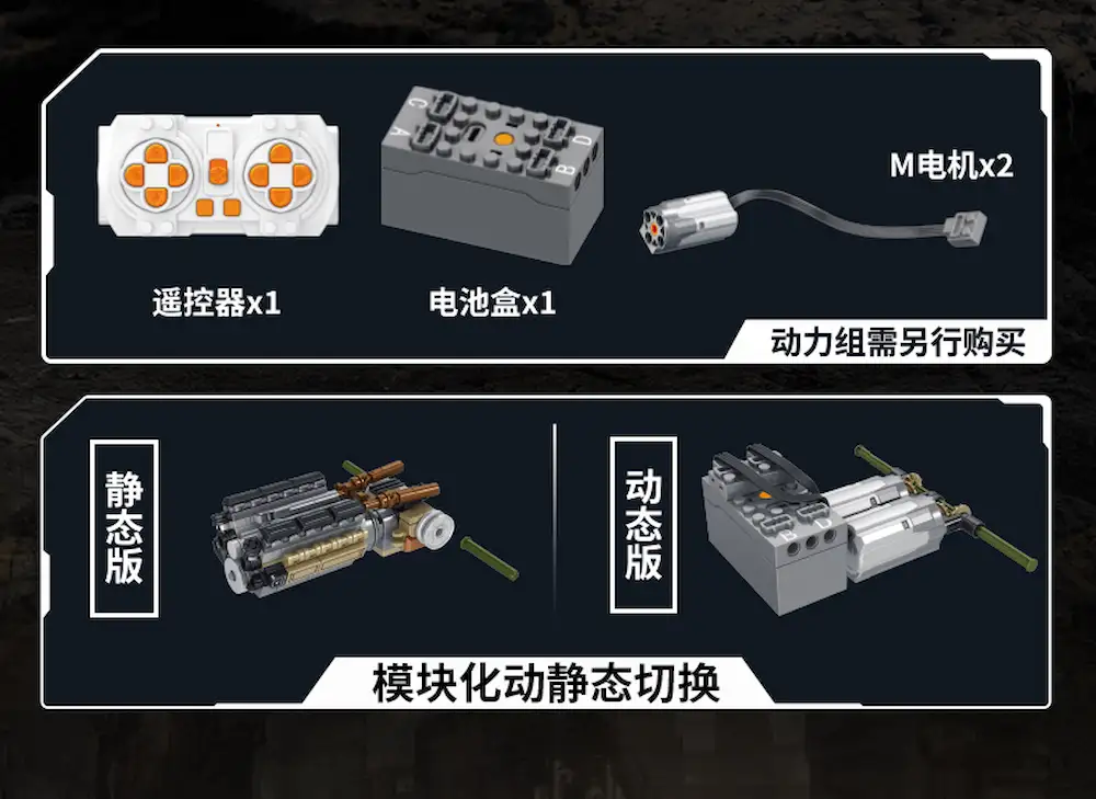 the dynamic version of Panlos 632022 - SU-100 Building Block Set includes a remote control, a battery box, and two M motors (sold separately)